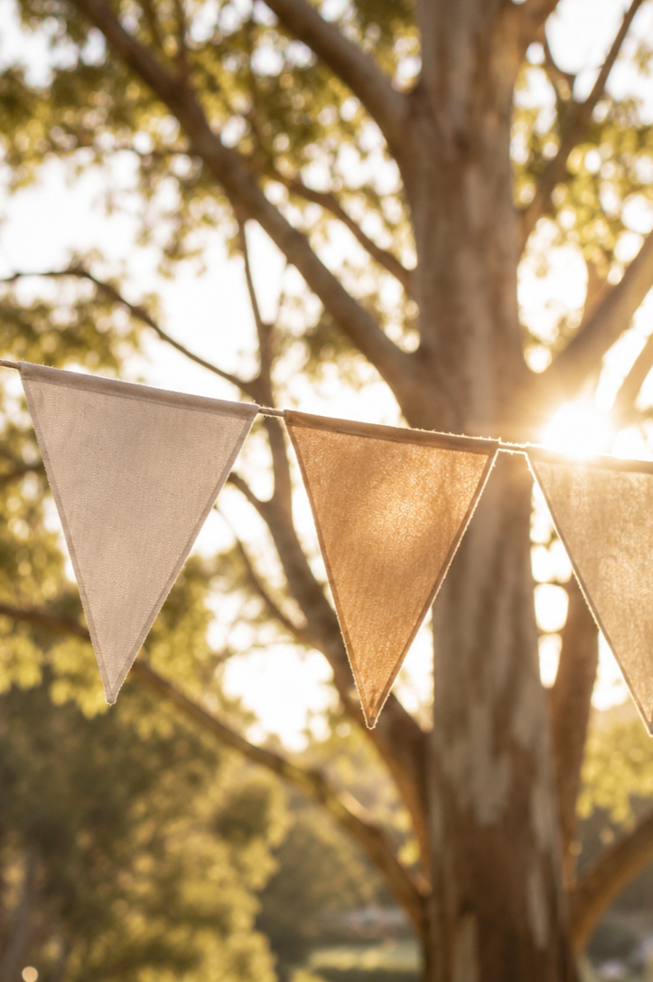 String of beige and gold pennant banners hanging outdoors with sunlight filtering through trees.