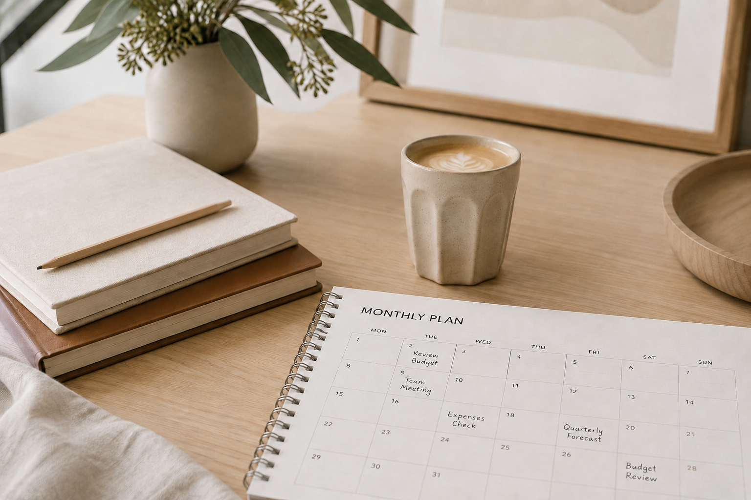 A desk with a cup of coffee, a plant in a white vase, a stack of notebooks with a pen, and a monthly planner.