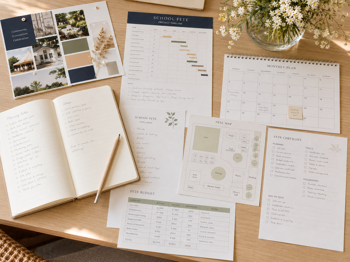 Organized planning materials for a school fete, including a project timeline, calendar, budget spreadsheet, site map, checklists, ideas, and a notebook with handwritten task list, all on a wooden table.