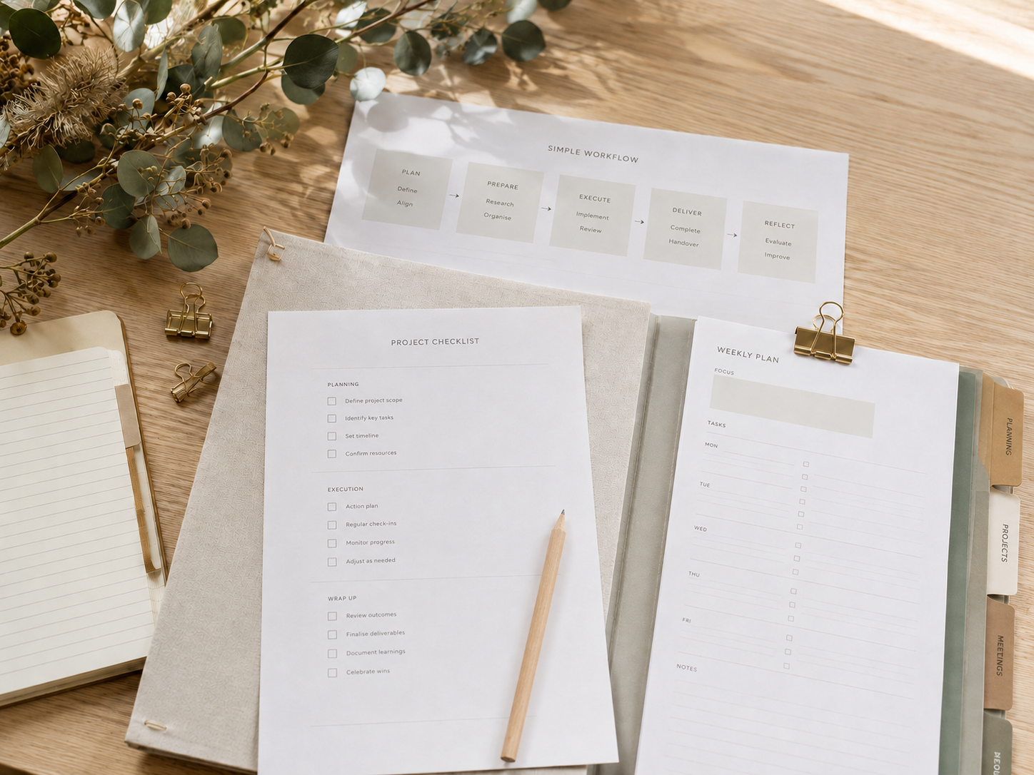 A work desk with a project checklist, weekly plan, and workflow sheet, accompanied by a notebook, gold binder clips, green foliage, and a pencil.