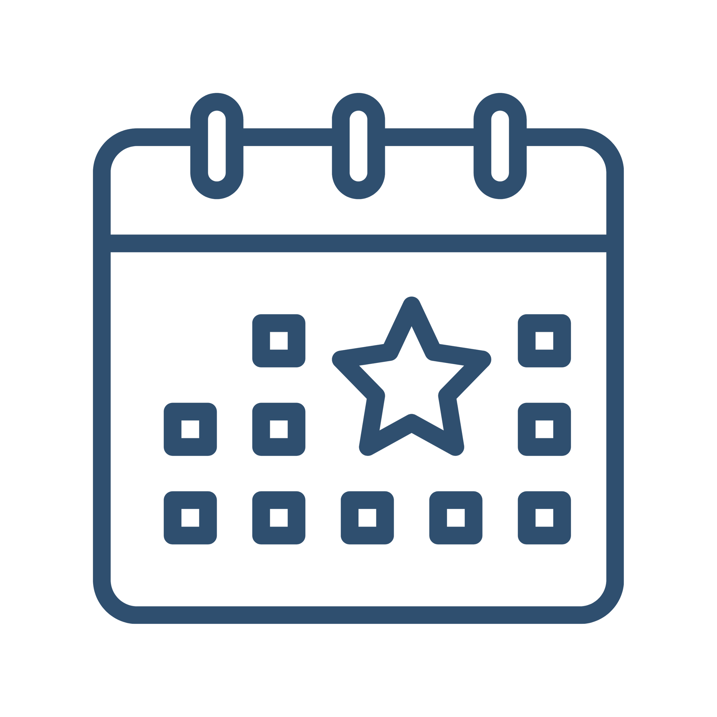 Outline of a calendar with a star and dot marks on specific days.