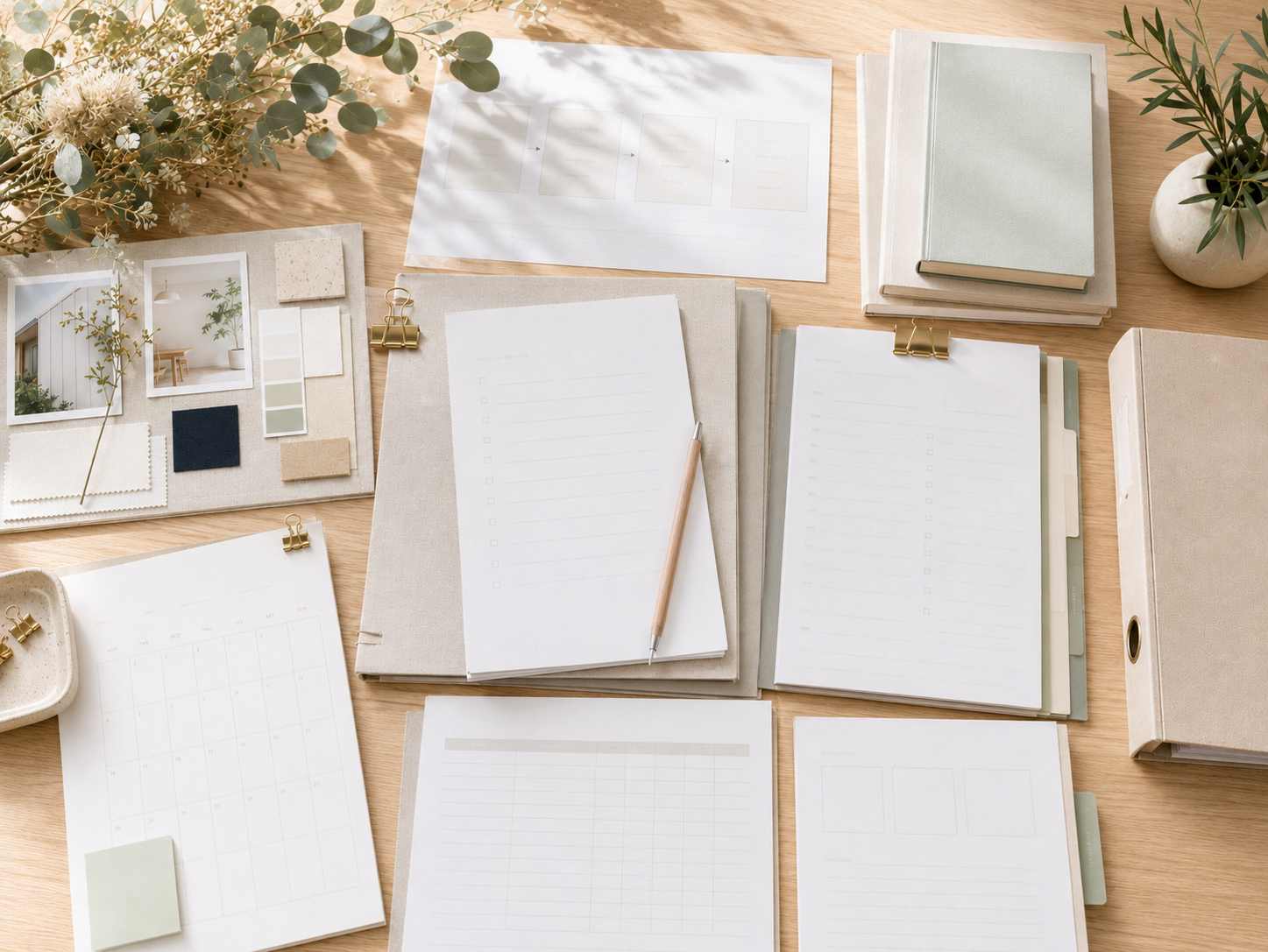 A desk with notebooks, color swatches, photos, and paper planning sheets, decorated with a plant and sunlight.