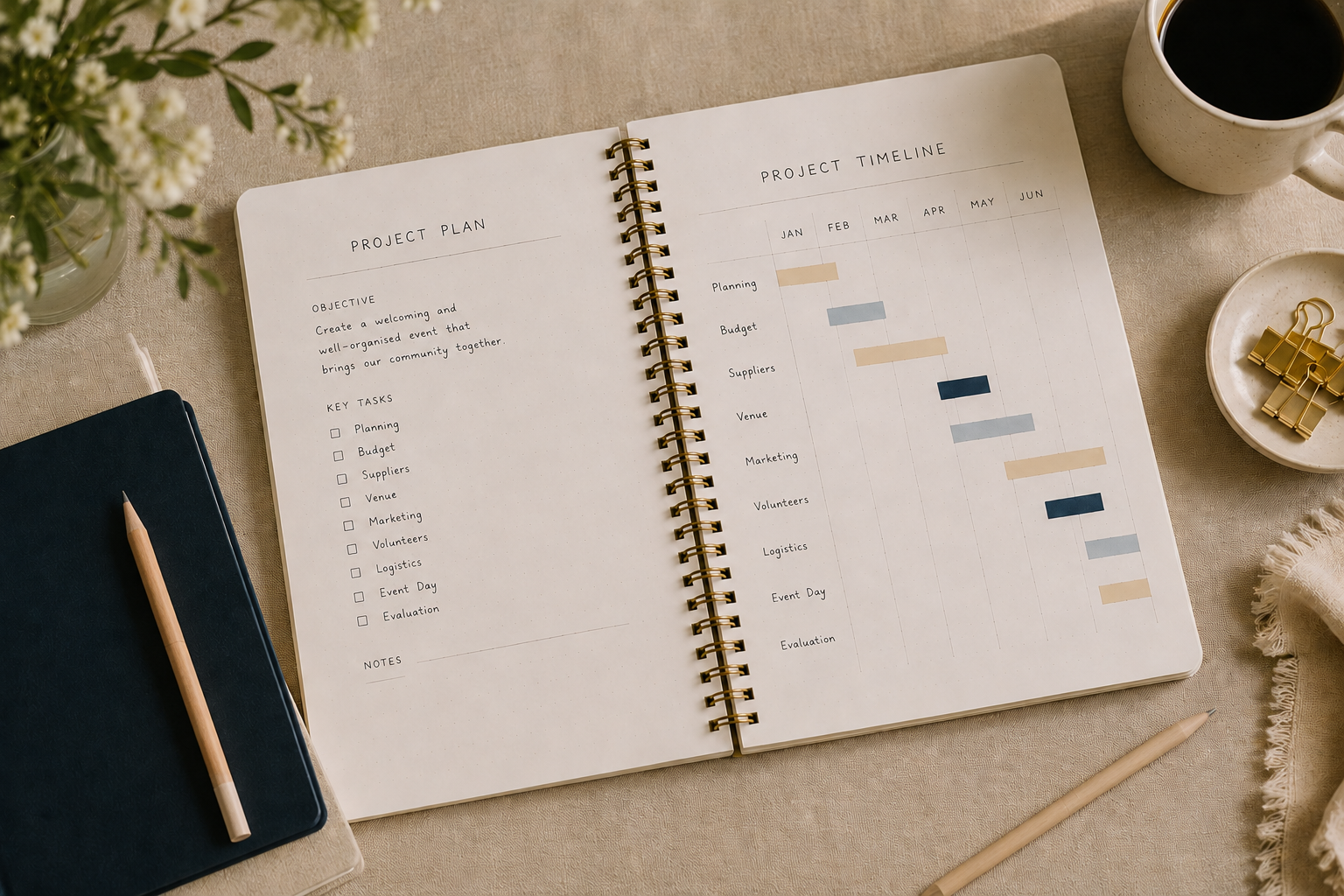 Open planner with project plan and timeline, next to a cup of coffee, notebook, and stationery on a beige surface.