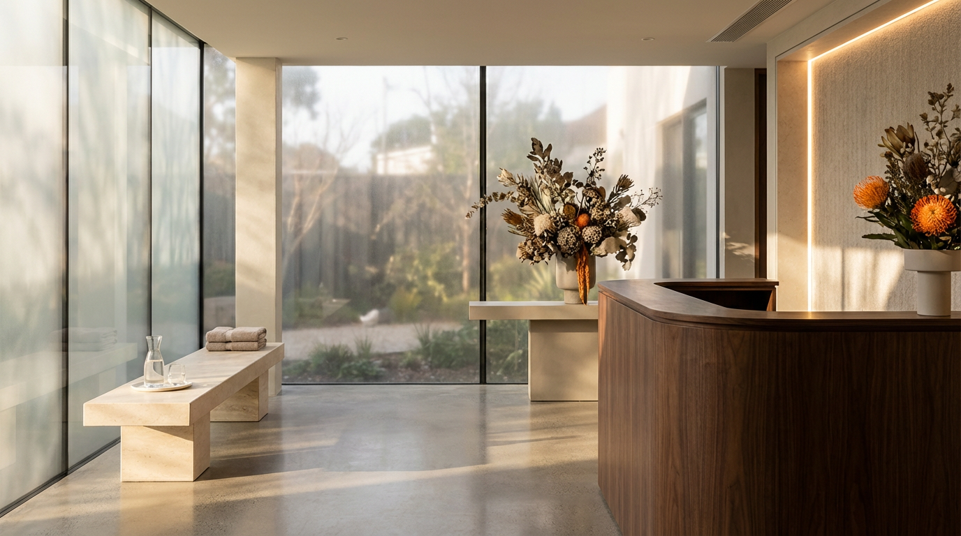 Modern minimalist indoor space with large glass windows, a beige bench with rolled towels and a glass pitcher, and a curved wooden reception desk adorned with two vases of flowers, illuminated by soft indirect lighting.