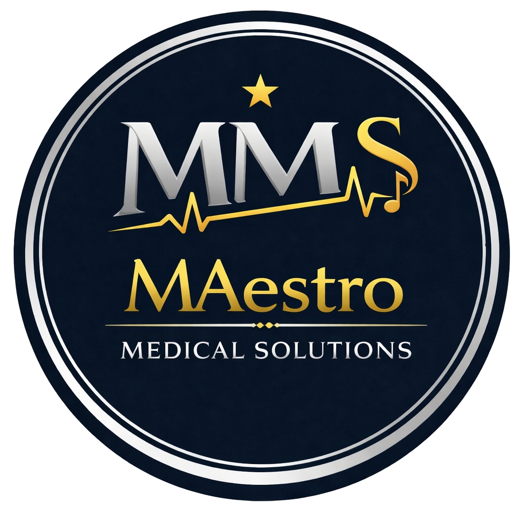 A circular logo with a navy blue background, featuring the text 'MMS MAsTRO' with a gold star above and a gold heartbeat line with a music note. Below, it says 'MEDICAL SOLUTIONS' in white, with a thin white outline around the circle.