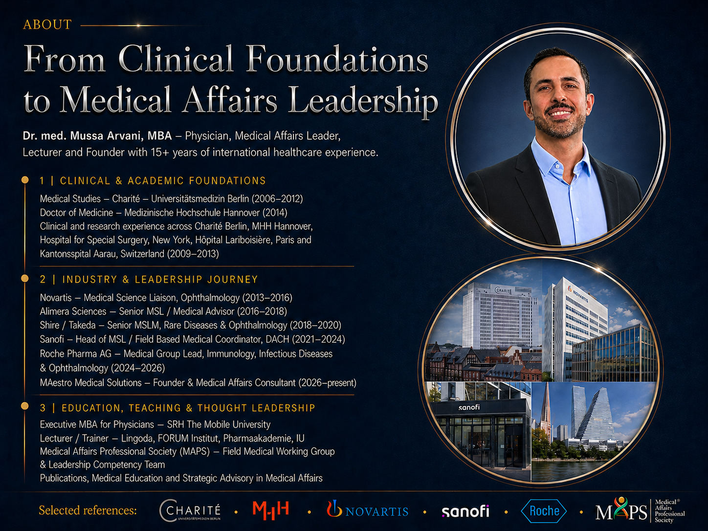 A professional biography slide featuring Dr. Mussa Arvani, highlighting his background in clinical foundations, industry leadership, and education in medical affairs, with images of medical buildings and Dr. Arvani's portrait.