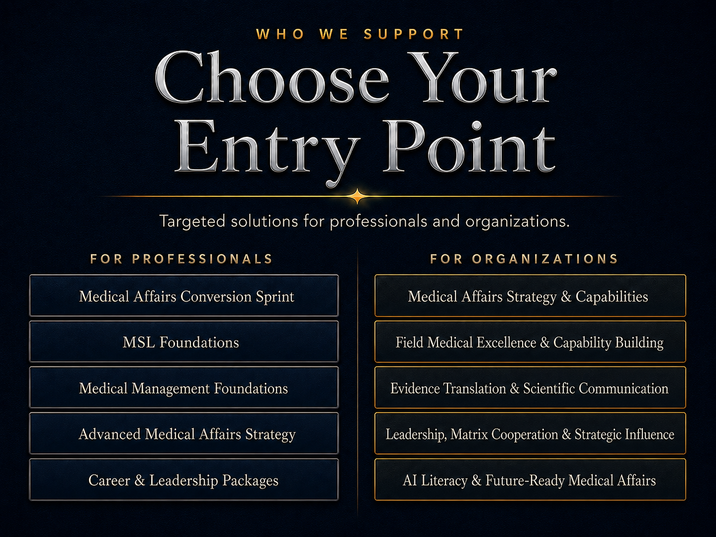 A digital graphic titled 'Choose Your Entry Point' with options for professionals and organizations, listing targeted solutions for each.