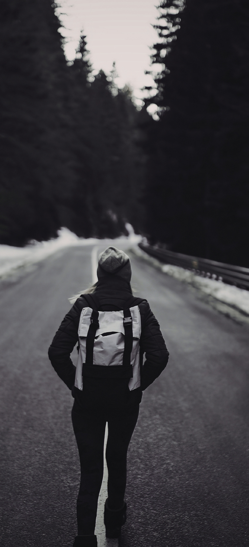 A person dressed in black with a gray hood and backpack walking alone on an empty mountain road surrounded by tall dark trees.