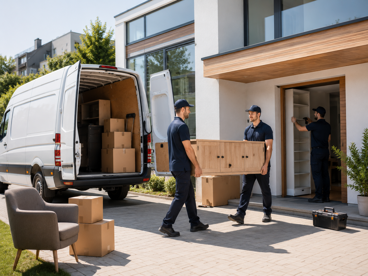 Drei Umzugshelfer laden Möbel in einen weißen Lieferwagen an der Haustür eines modernen Hauses. Möbel und Kartons werden getragen. Möbelstück aus Holz wird getragen. Der Lieferwagen ist voll mit Kartons. Der Umzug findet an einem schönen Tag statt.