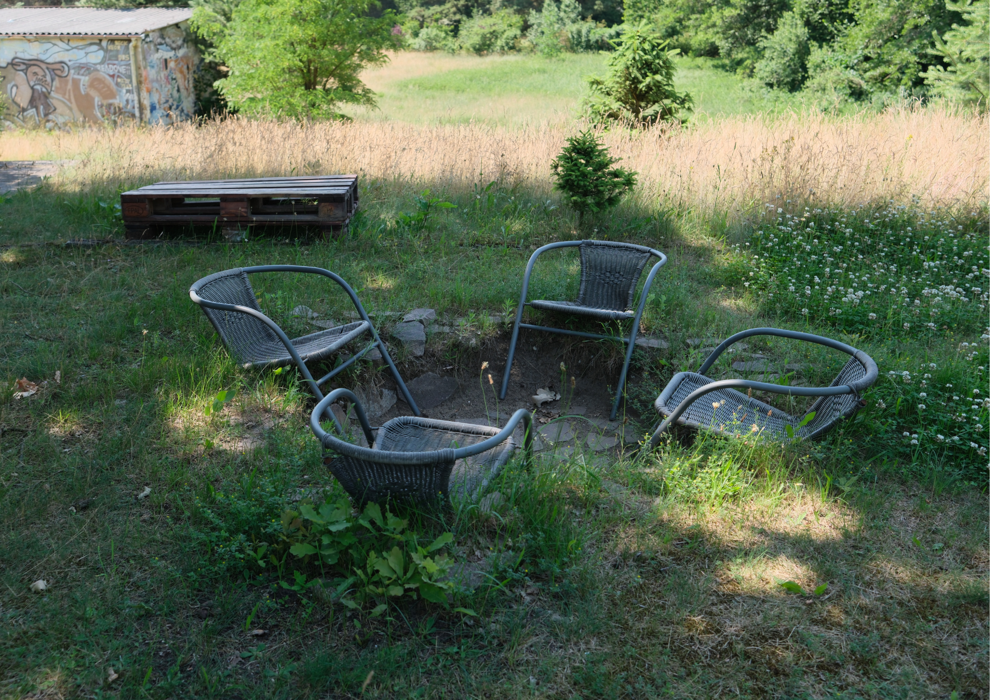 Ein Garten mit vier Gesprächsstühlen aus schwarzem Geflecht um ein Loch im Boden, umgeben von Gras, kleinen Pflanzen und Büschen, im Hintergrund Bäume und eine alte Mauer mit Graffiti.