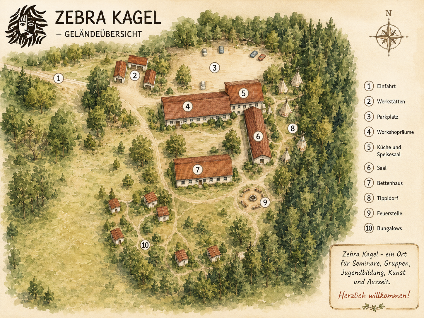 Übersichtskarte des ZEBRA KAGEL Geländes mit Einrichtungen wie Zufahrt, Werkstätten, Parkplatz, Arbeitsräume, Küche, Saal, Bettenhaus, Tippidorf, Feuerstelle, Bungalows.