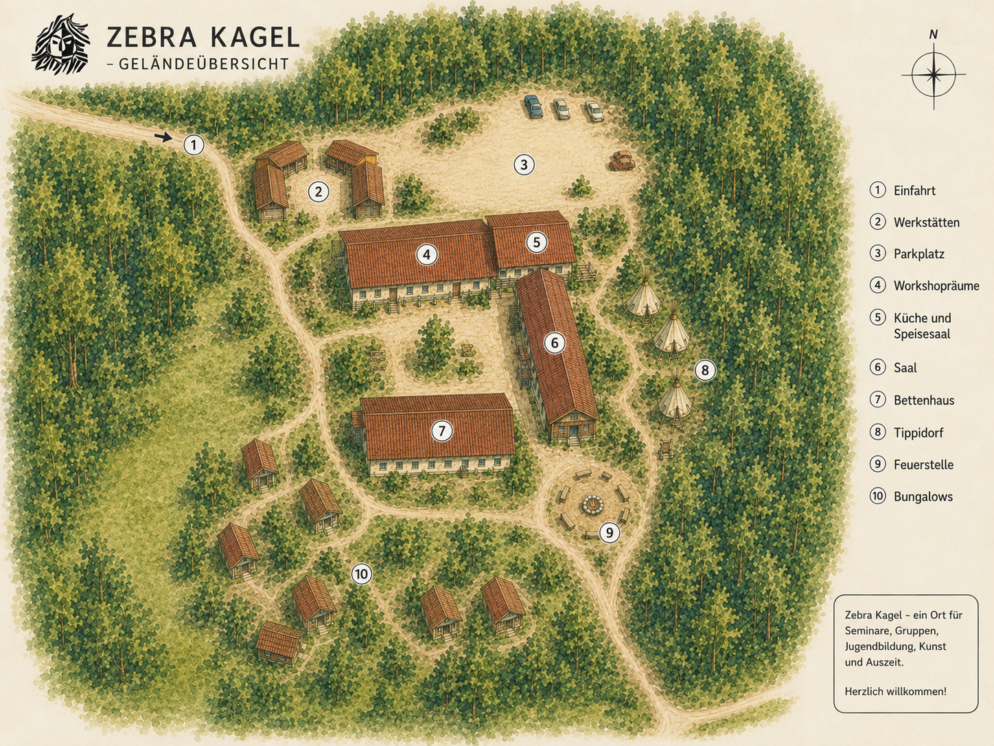 Lageplan des Zobra Kagel Geländes mit verschiedenen Einrichtungen und Werkstätten, umgeben von Wald. Schlüssel: 1 Einfahrt, 2 Werkstätten, 3 Parkplatz, 4 Workshopräume, 5 Küche und Speisesaal, 6 Saal, 7 Bettenhaus, 8 Tippidorf, 9 Feuerstelle, 10 Bungalows.