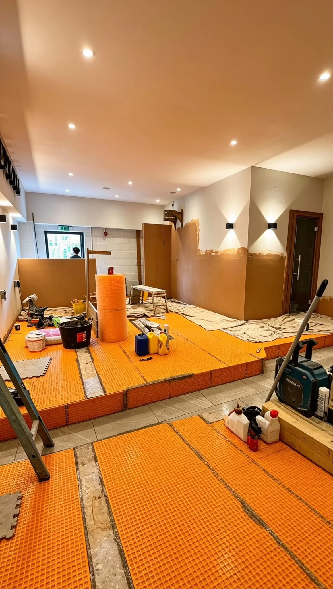 Room undergoing renovation with orange flooring tiles, tools, and materials scattered around, partially painted walls, and workers.