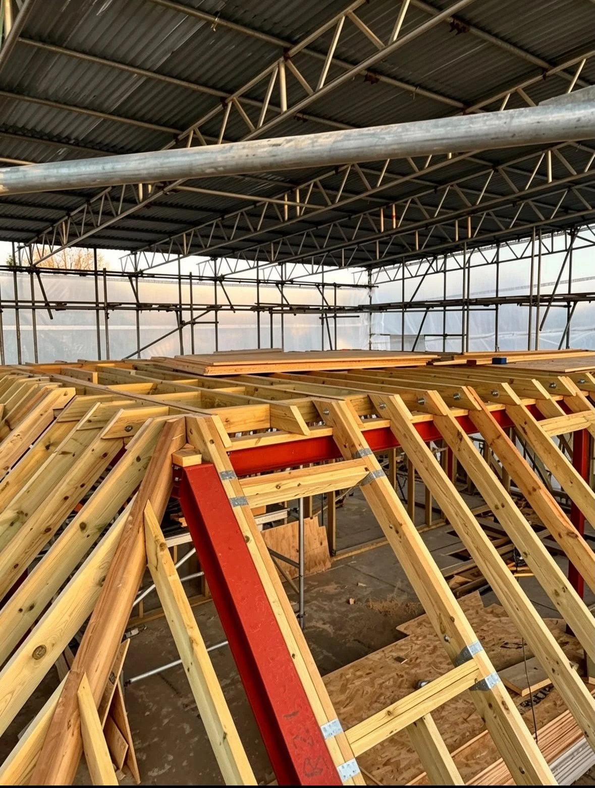 Construction site with wooden roof trusses and scaffolding under a metal roof, during sunset.