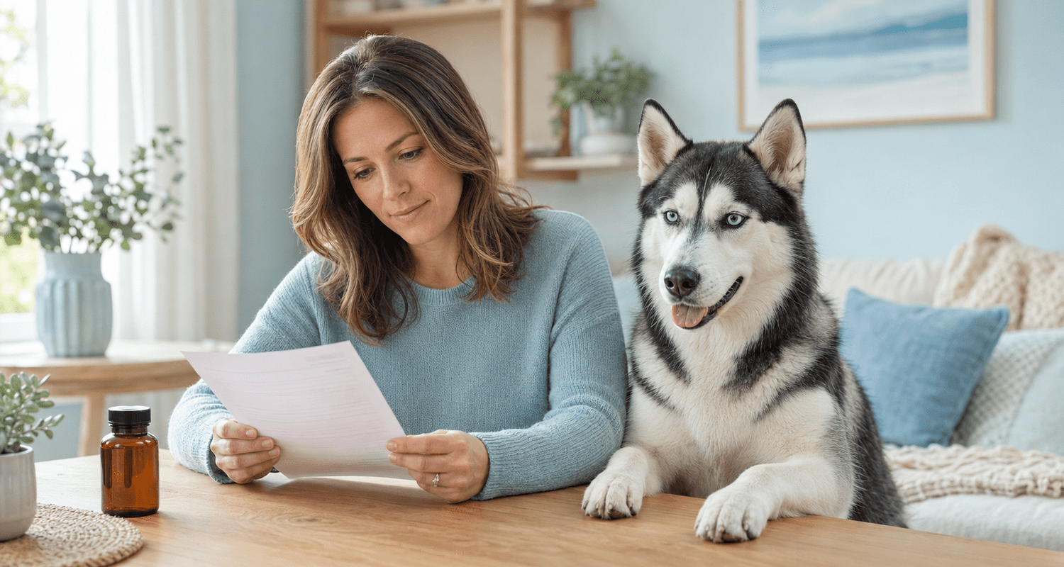 A pet owner reading veterinary medication information beside her dog