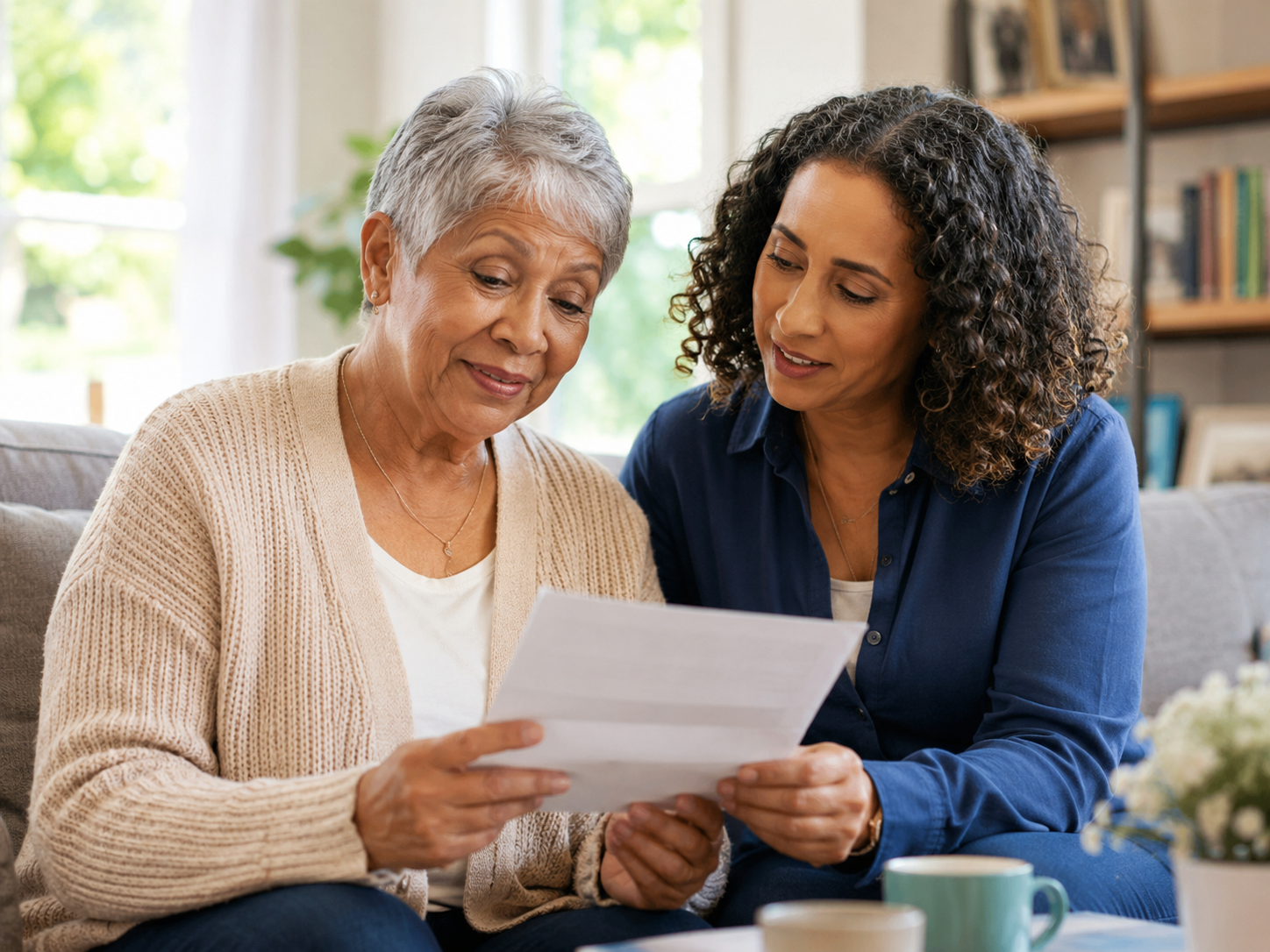 A family member helping an older relative read a letter