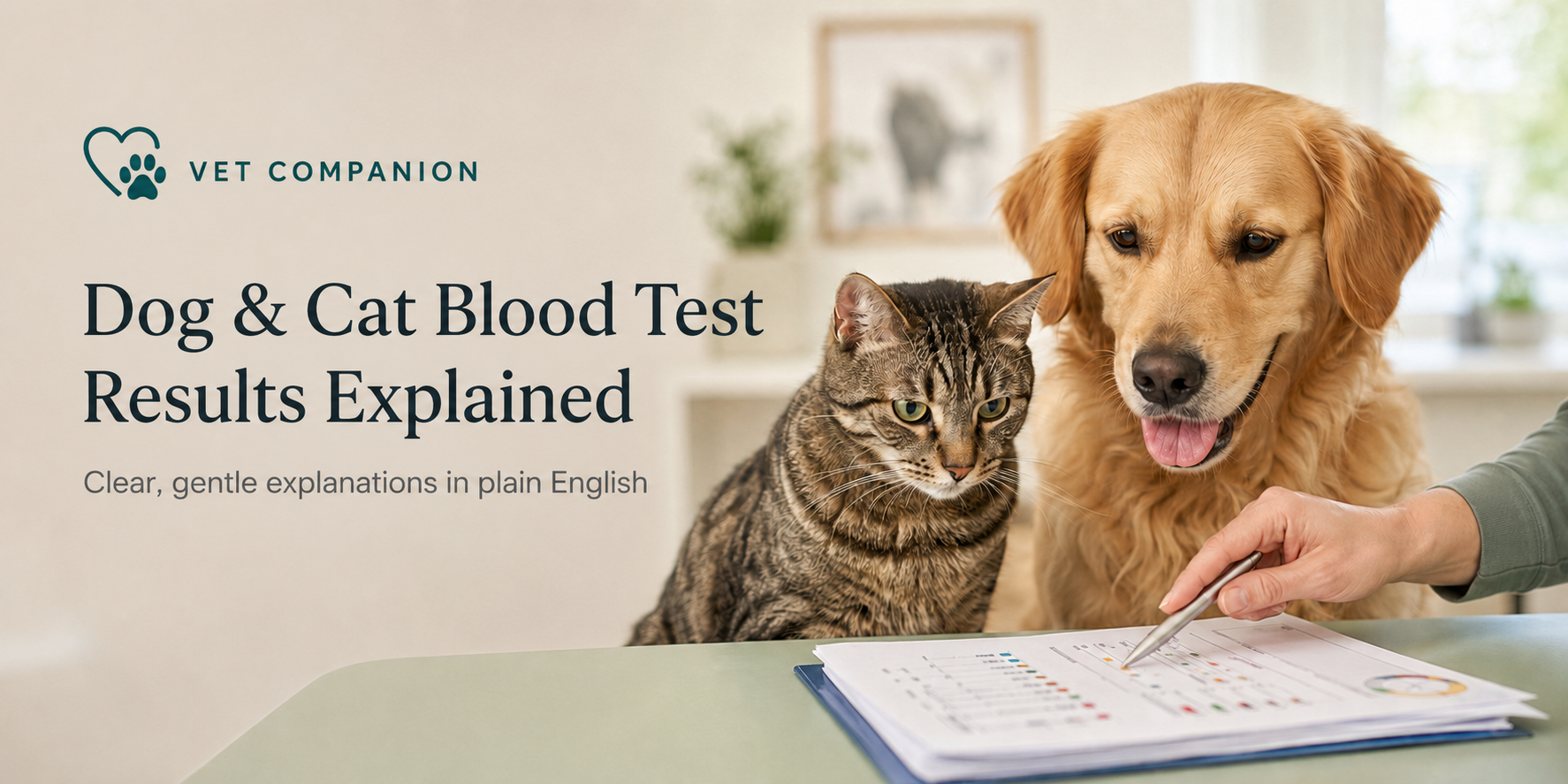A veterinarian discussing a blood test report with a dog and cat owner
