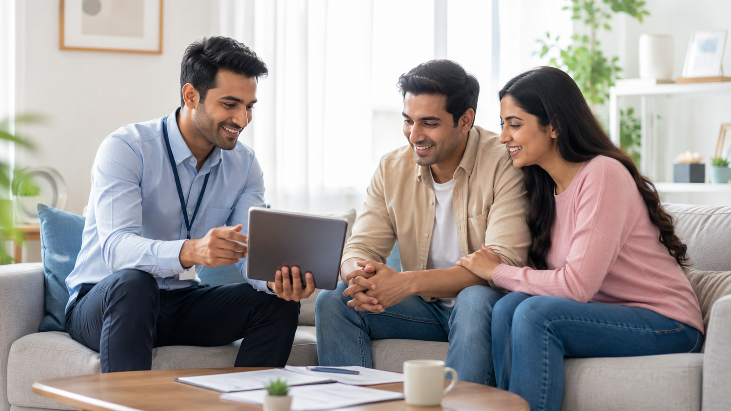 A couple discussing insurance documents with a professional