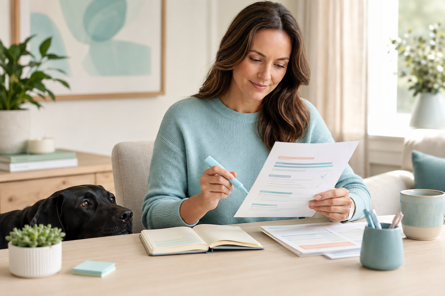 A pet owner reviewing an insurance document at home beside her dog