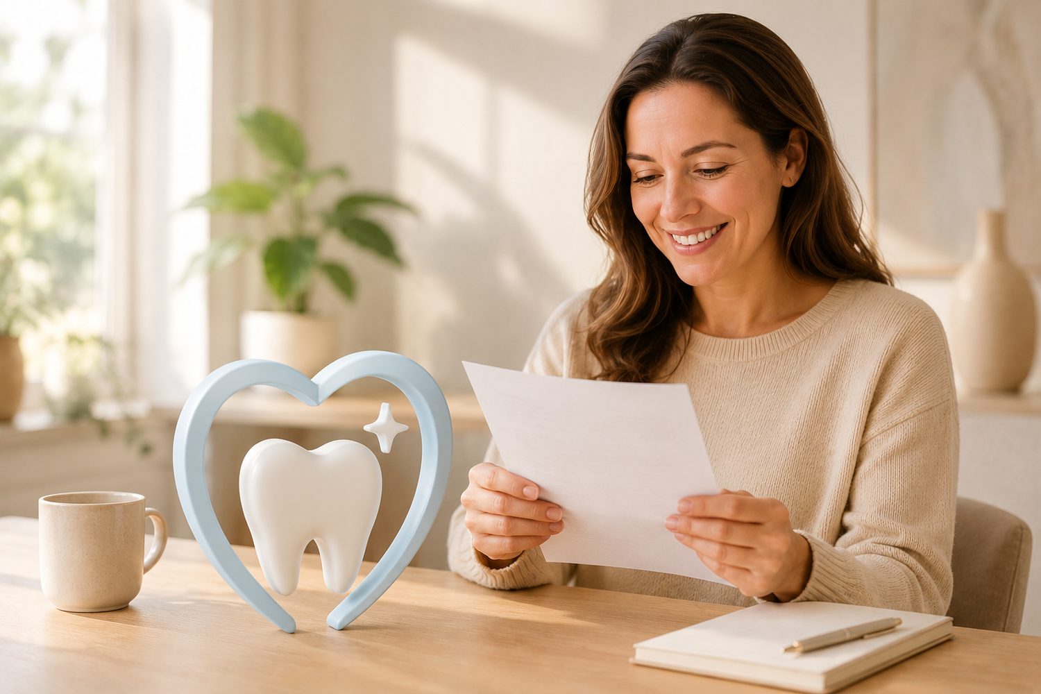 A woman calmly reading a dental document at home