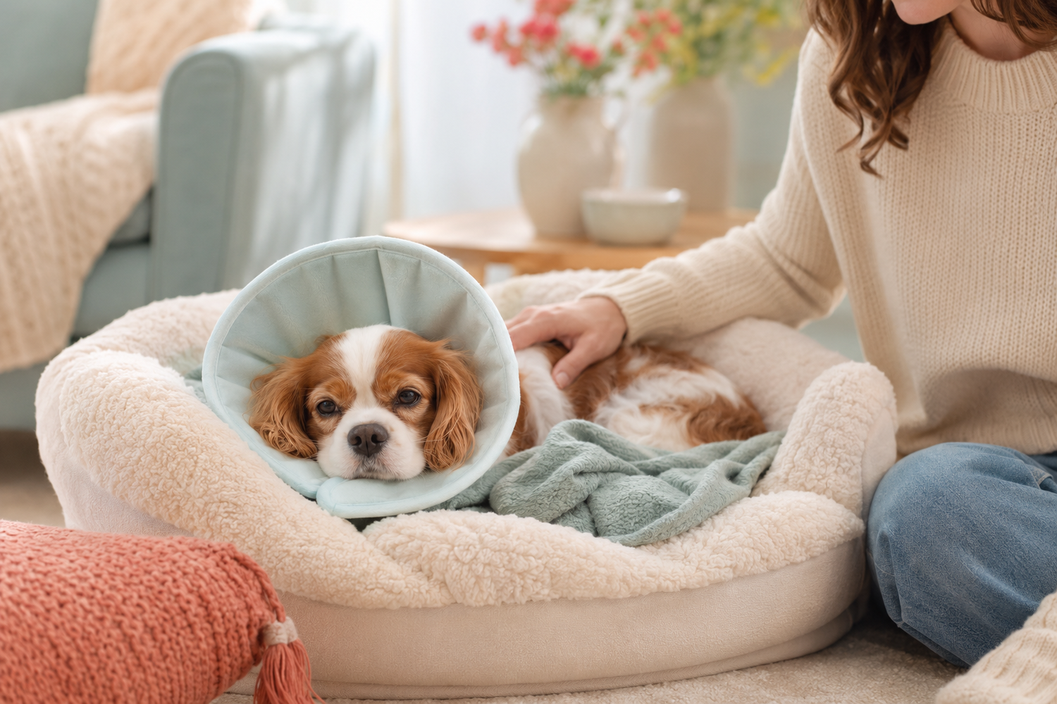 A dog resting at home after an operation with its owner nearby