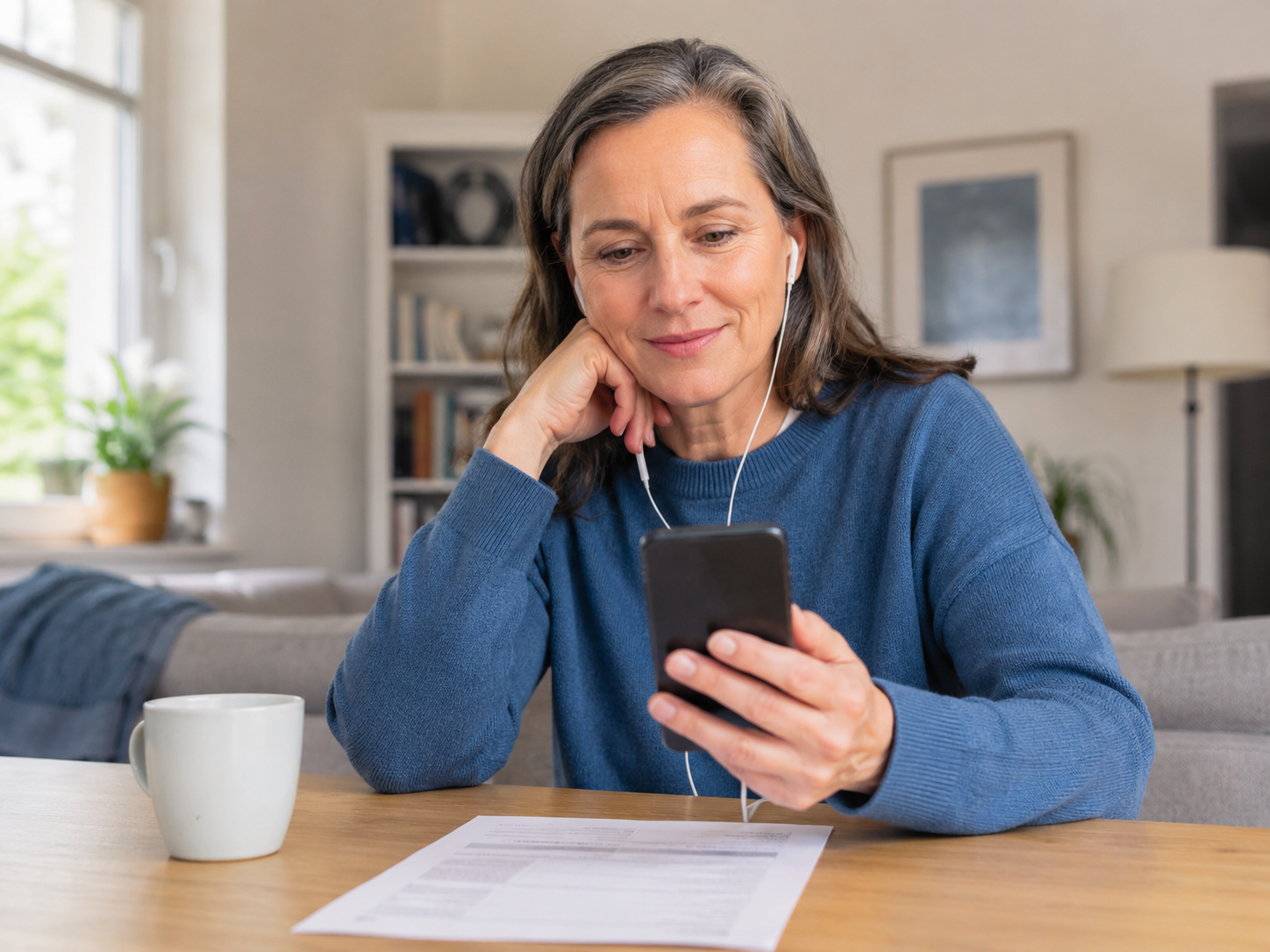 A middle-aged woman with gray hair wearing a blue sweater is sitting at a table, looking at her smartphone with earphones in, smiling gently. There is a white mug and a piece of paper on the table. In the background, a living room with a window, bookshelf, and lamp is visible.