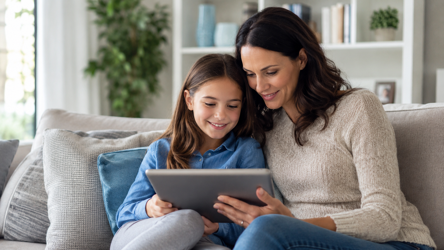 A parent and child calmly looking at information together