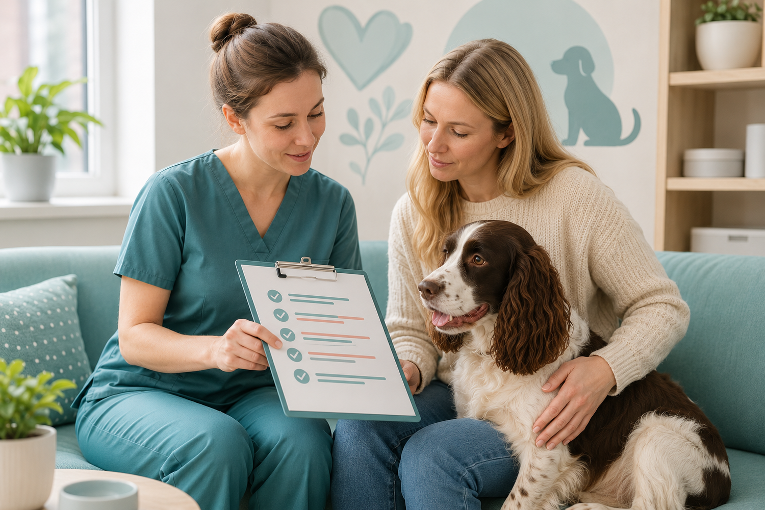 A veterinary professional explaining a treatment plan to a dog owner