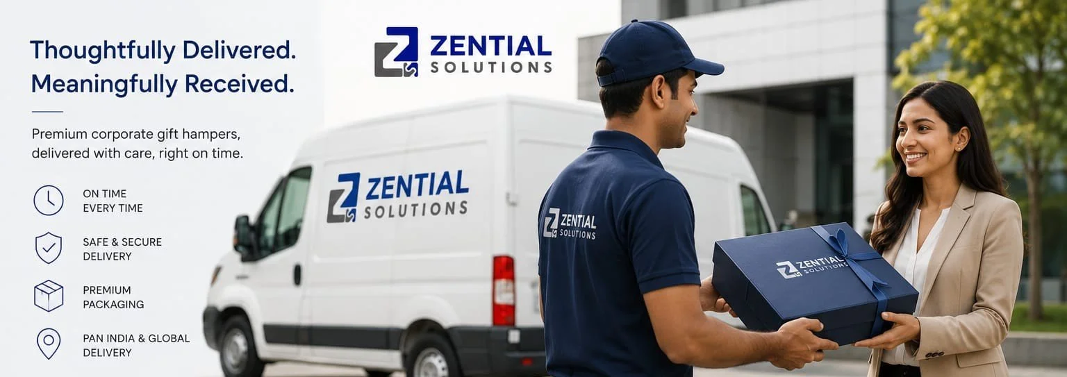 A Zential Solutions delivery person in a navy polo shirt and cap presents a navy gift box with a ribbon to a smiling woman in a beige blazer outside in front of a white delivery van branded with Zential Solutions. The background includes a modern office building and green trees.