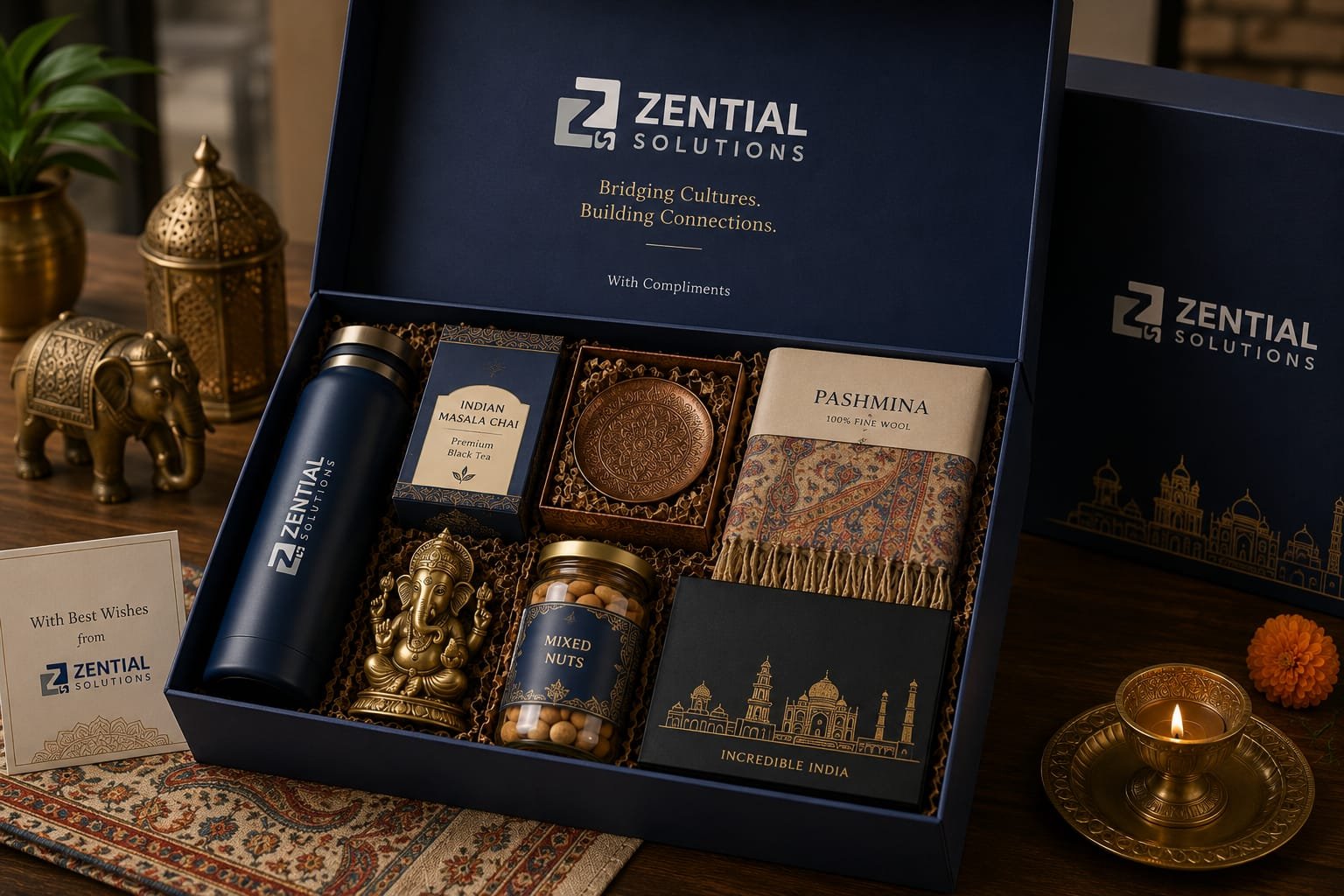 Gift box from Zential Solutions containing Indian masala chai, a decorative coaster, a Pashmina shawl, a golden Ganesha figurine, mixed nuts in a jar, and a black box with illustration of India, surrounded by traditional Indian ornaments and a tea light candle.