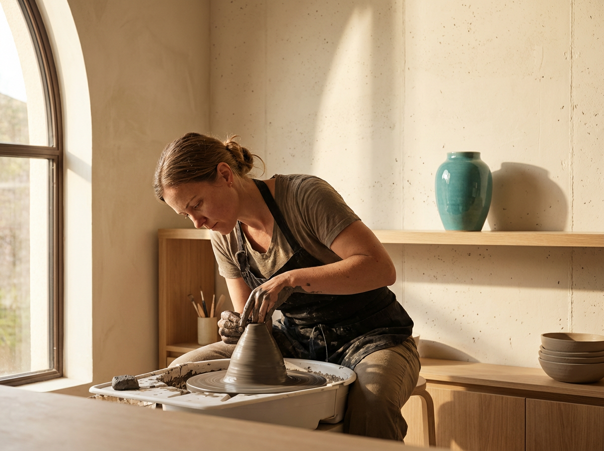 A woman is shaping a clay pot on a pottery wheel in a sunlit pottery studio.