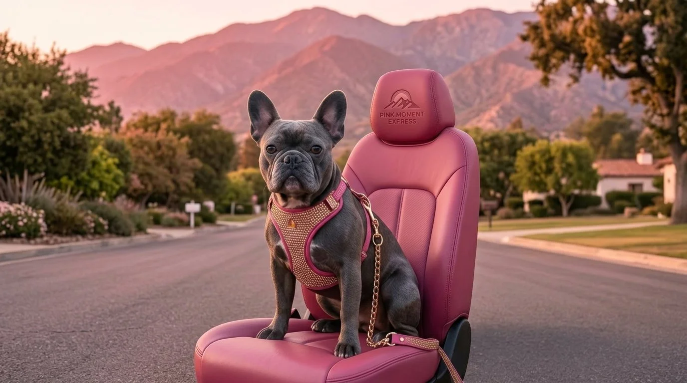 Nazgul the French Bulldog enjoying a ride. Pups always ride free on our pet-friendly transportation charters in Ojai, California.