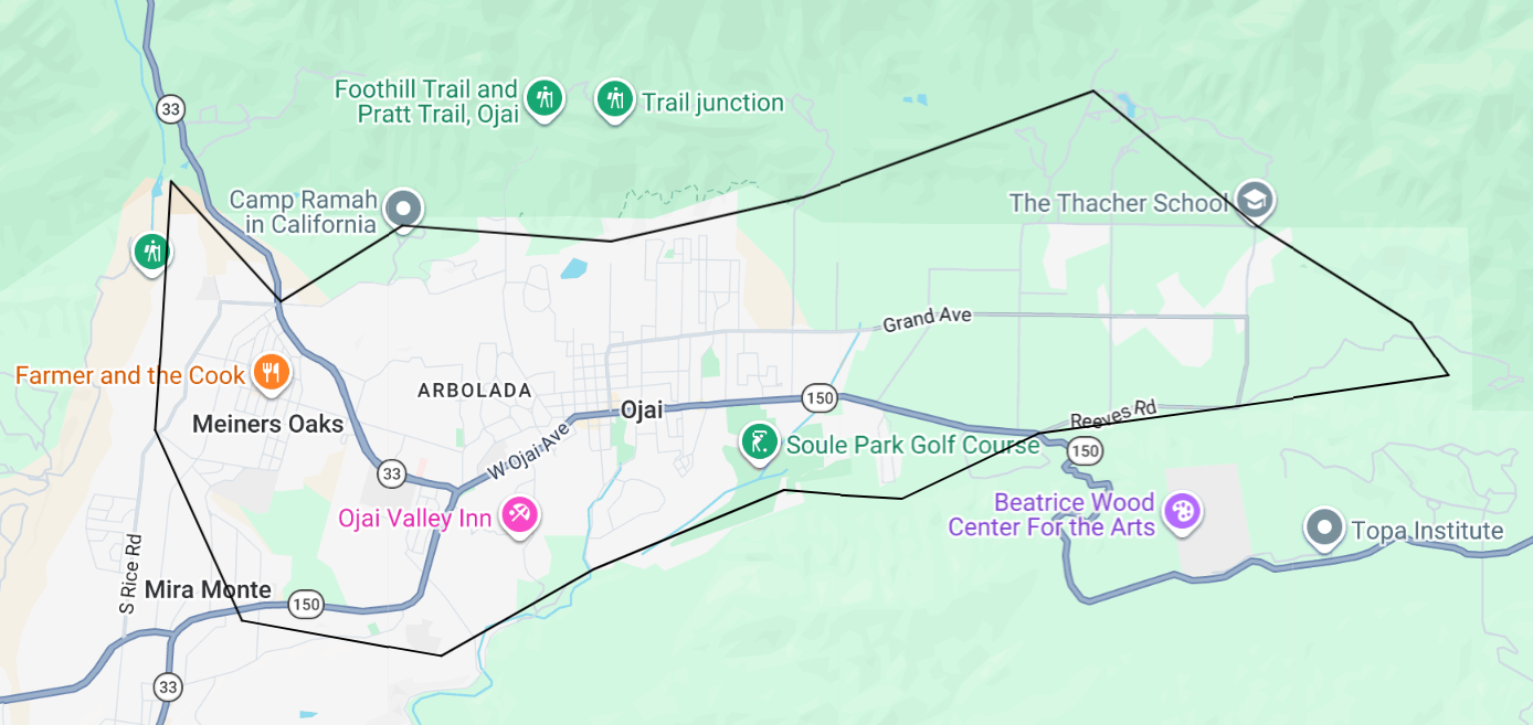 Map of Pink Moment Express Transportation Service Area. The map shows the transportation service area for the City of Ojai and Meiners Oaks.