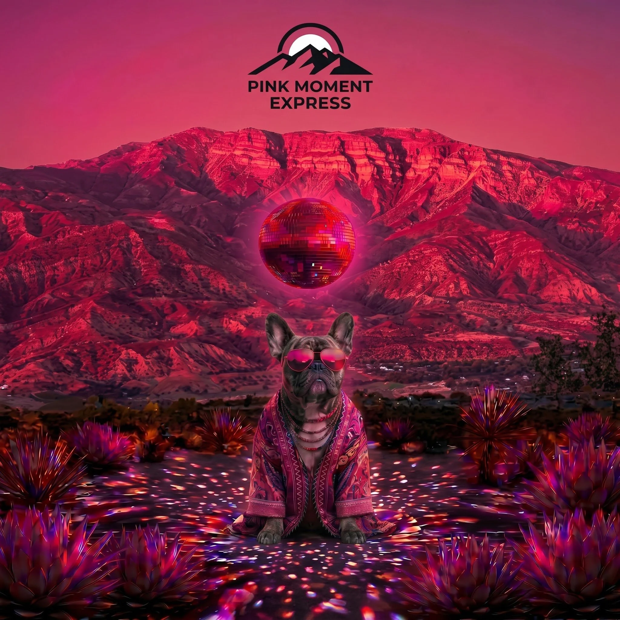 An image of Nazgul the French Bulldog Partying in front of the Topatopa Mountains during the Pink Moment Sunset in Ojai California