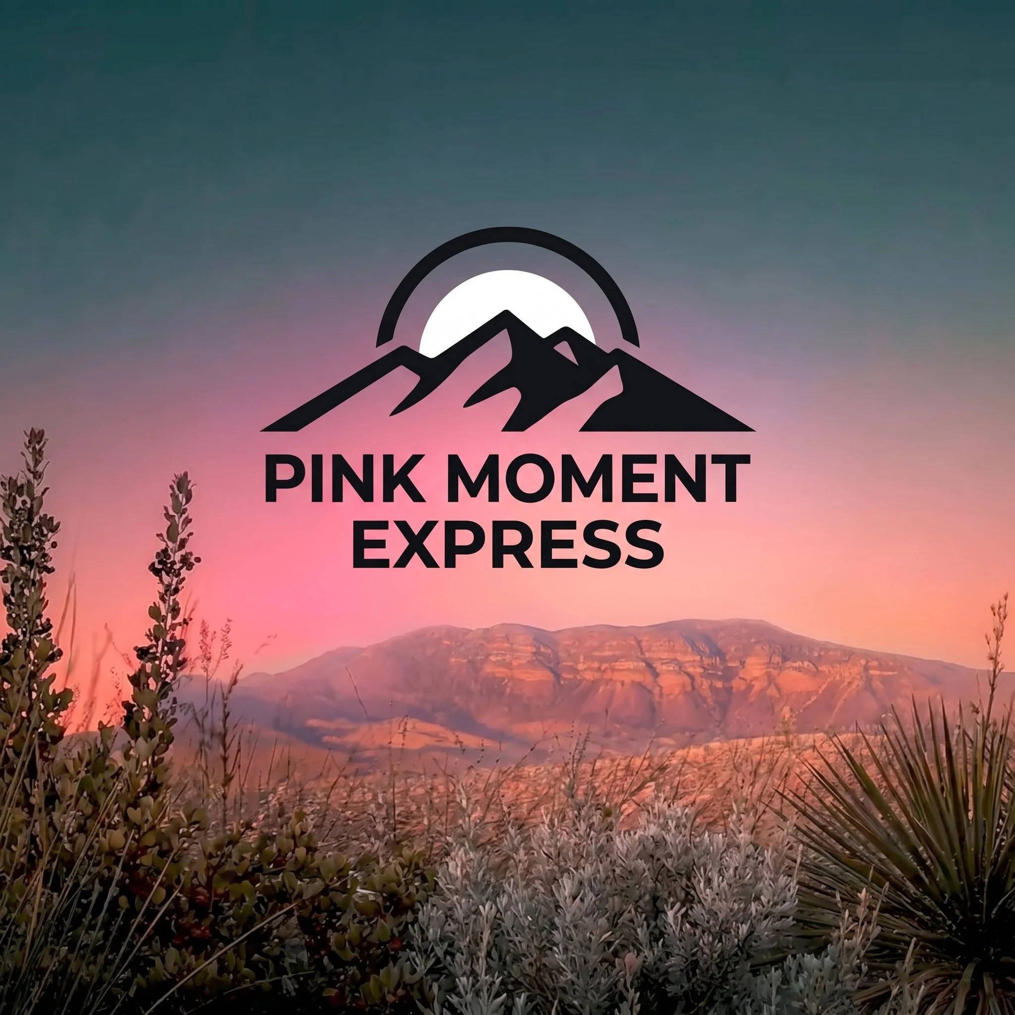 Image of the topatopa mountains during the Pink Moment Sunset in Ojai with the Pink Moment Express Logo in the sky