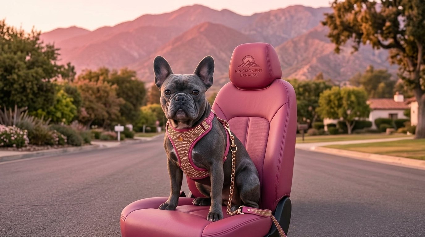 image of Nazgul the French Bulldog in Ojai during the Pink Moment Sunset on the Topatopa mountains in the background