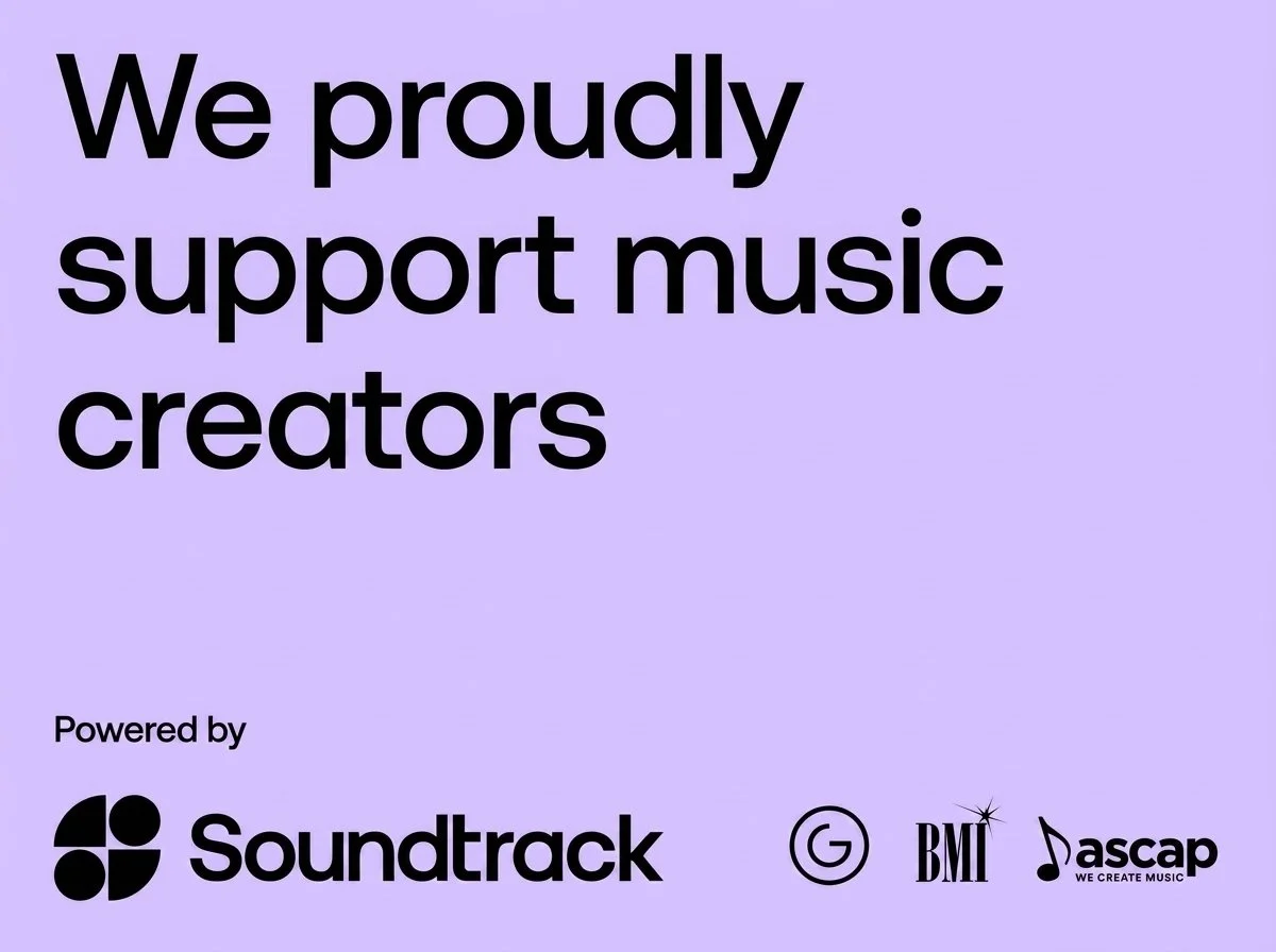 Image of the Soundtrack Music App saying that We proudly support music creators. The Soundtrack app allows Pink Moment Express to play live music from its vehicle in Ojai.