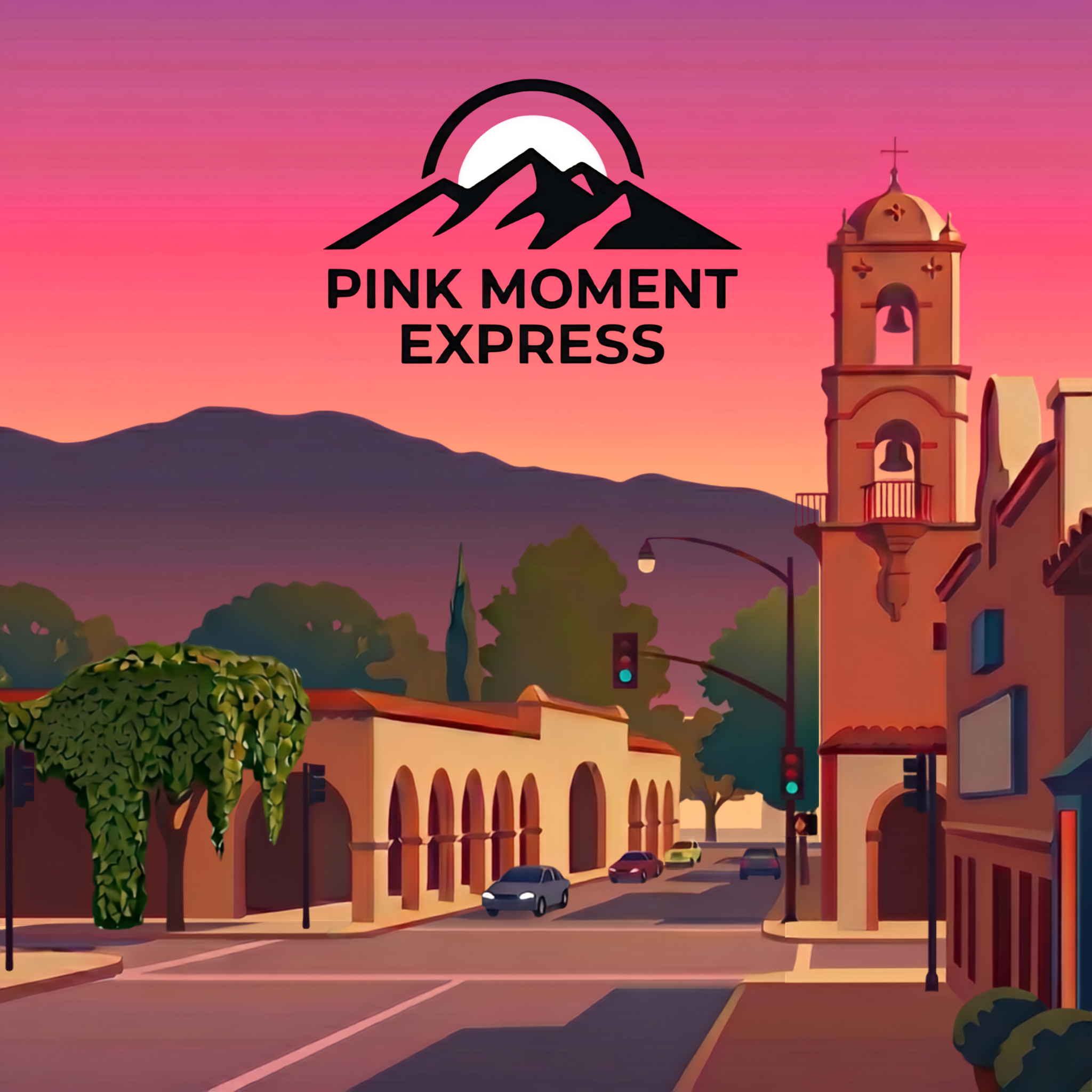 Painting of downtown Ojai with the Topatopa Mountains in the background during the Pink Moment Sunset and the Pink Moment express logo in the sky