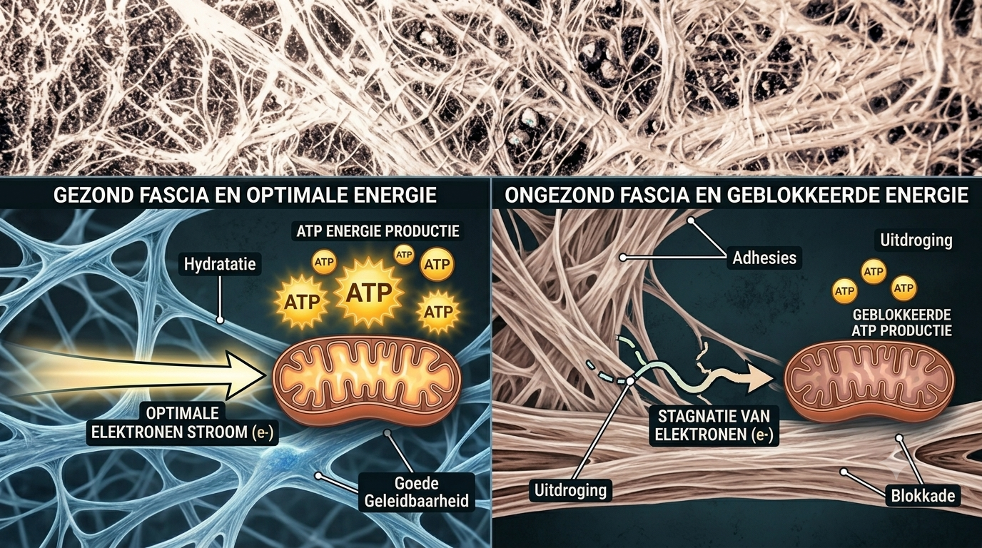 Infographic over gezond en ongezond fascia netwerk en de invloed op de productie van energie en een pijnvrij en gezond bestaan