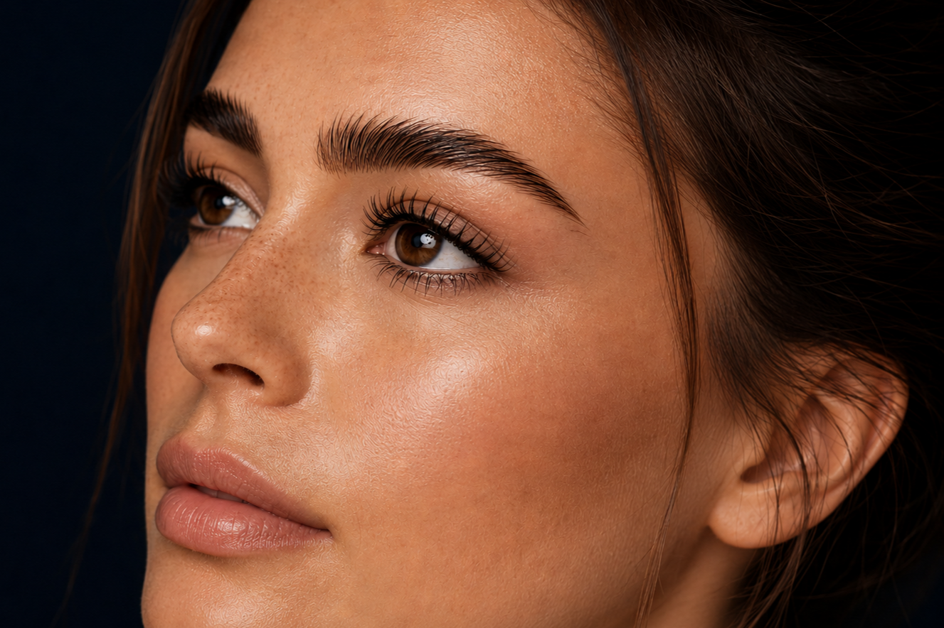 Close-up of a woman with laminated brows and lifted lashes against a deep navy background.