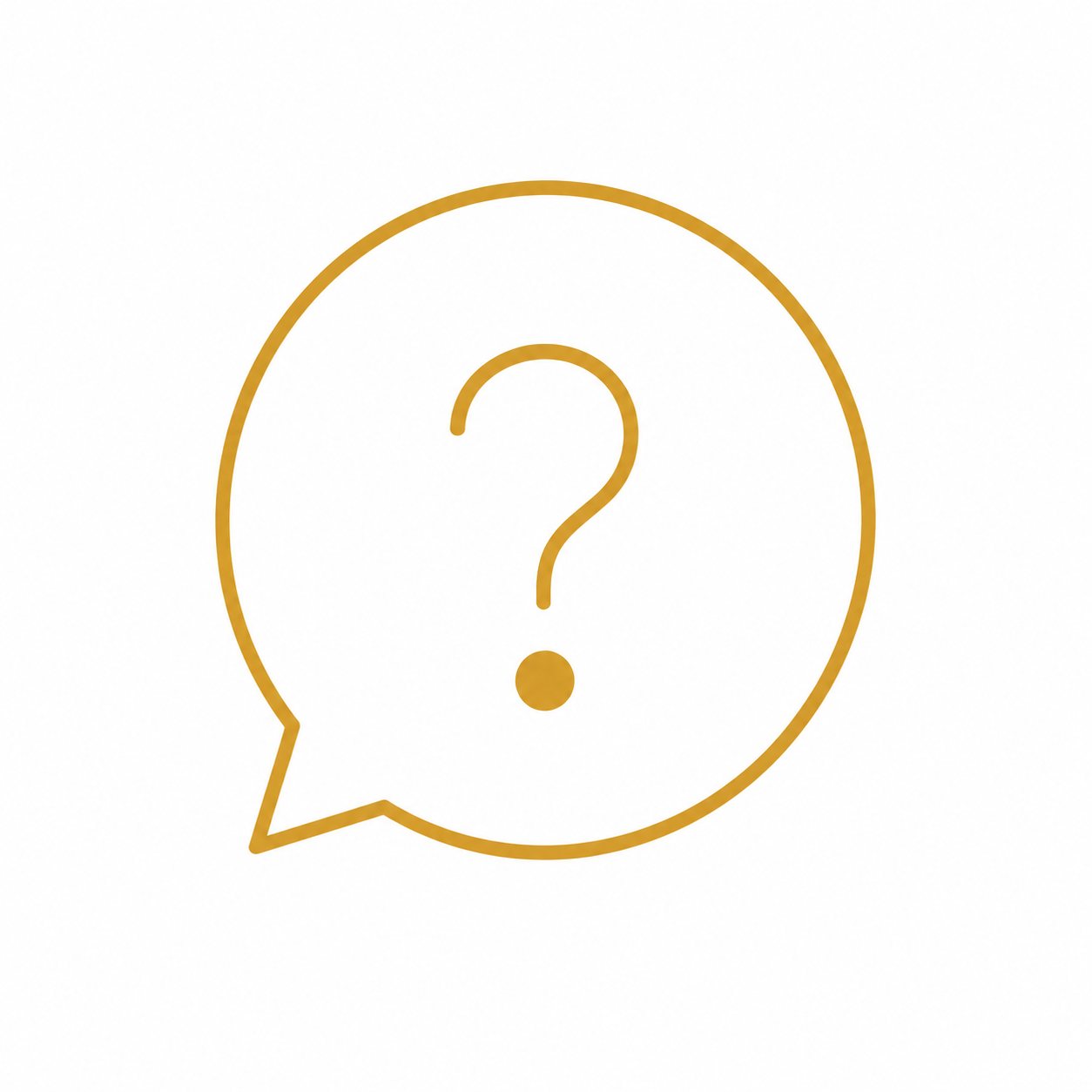 Gold outline speech bubble with a question mark inside against a white background.
