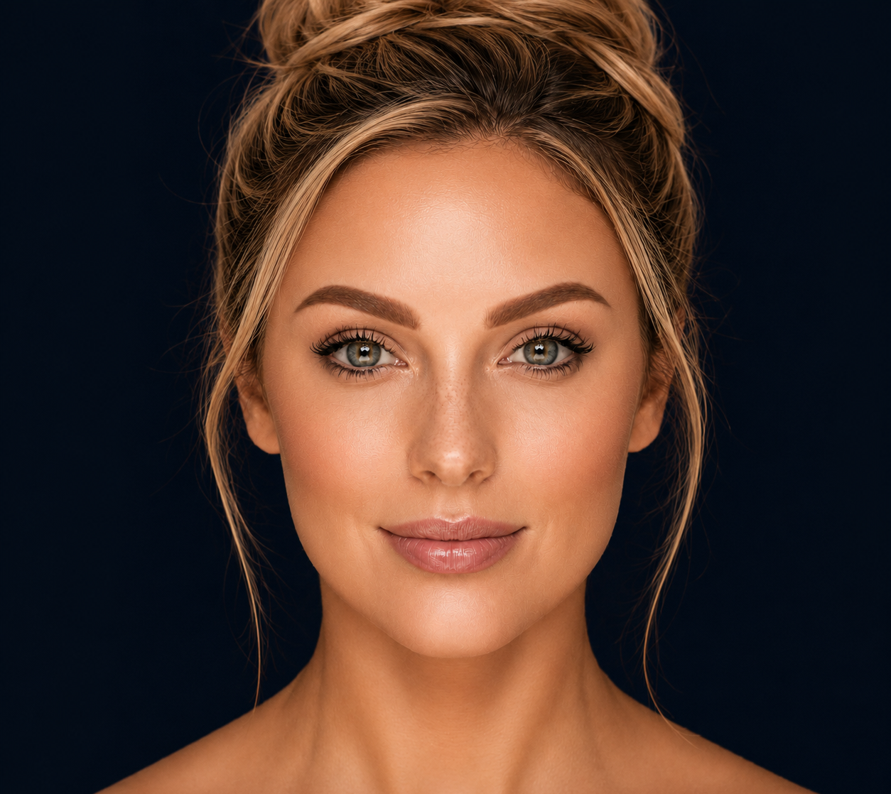 Woman with soft ombré brows and dark blonde hair against a navy background i JGLOW studio Perth