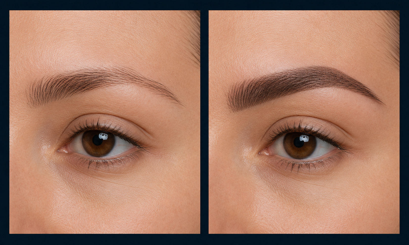 Before and after Ombré Brows cosmetic tattoo by JGLOW Cosmetic Tattoo Artistry in Perth, showing soft, natural-looking brow enhancement.