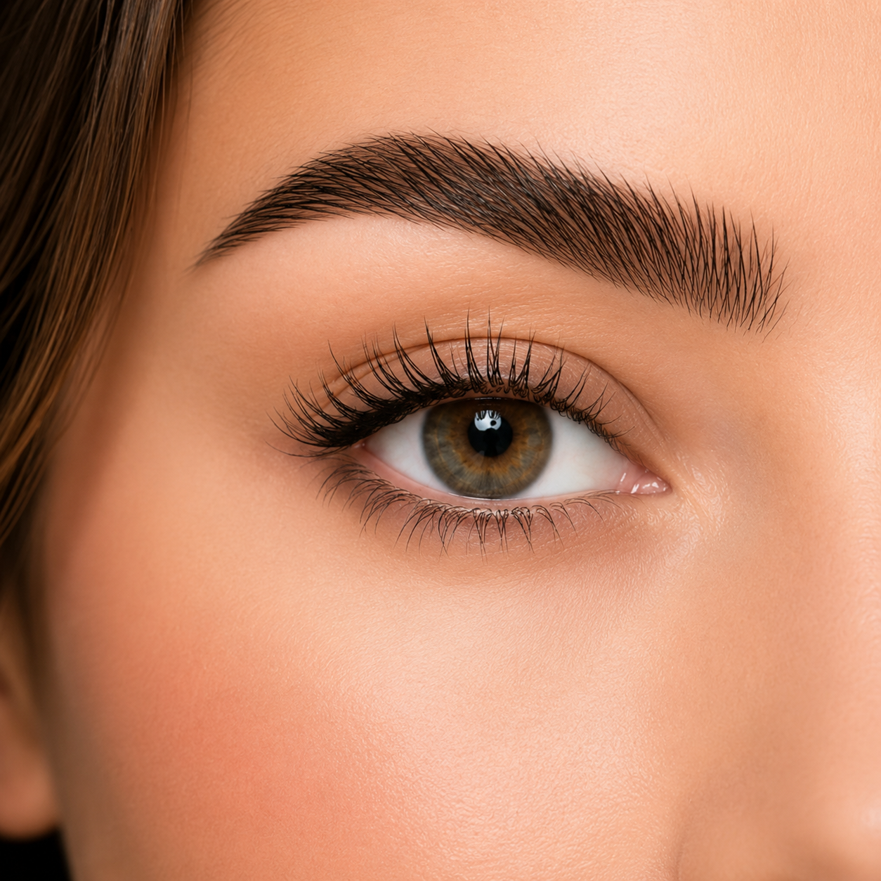 Close-up of a Korean lash lift and brow lamination with naturally lifted lashes, softly styled brows and flawless skin.