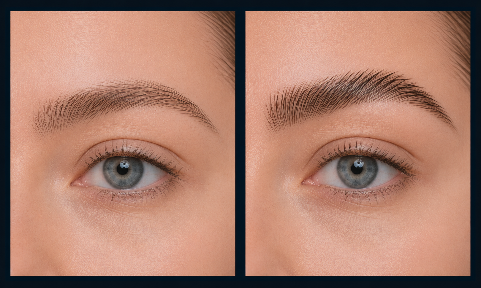 Before and after Brow Lamination by JGLOW Cosmetic Tattoo Artistry in Perth, creating fuller, brushed-up brows with a natural finish.