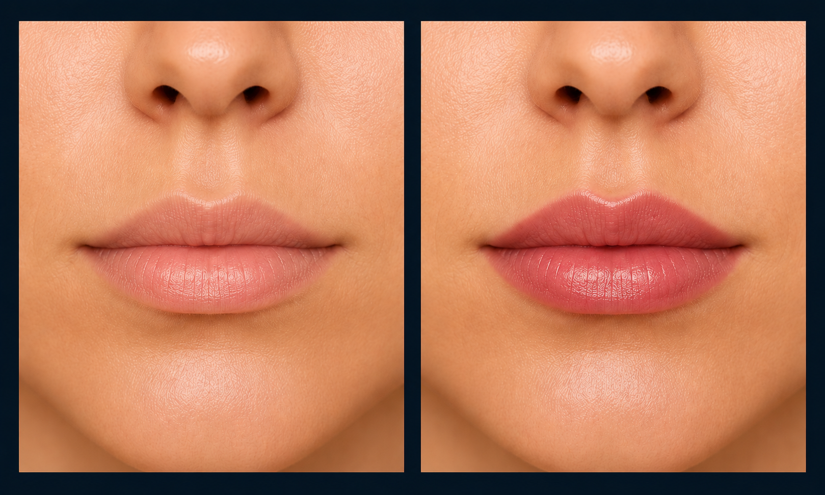 Before and after Lip Blush cosmetic tattoo by JGLOW Cosmetic Tattoo Artistry in Perth, enhancing the lips with a soft, natural tint.