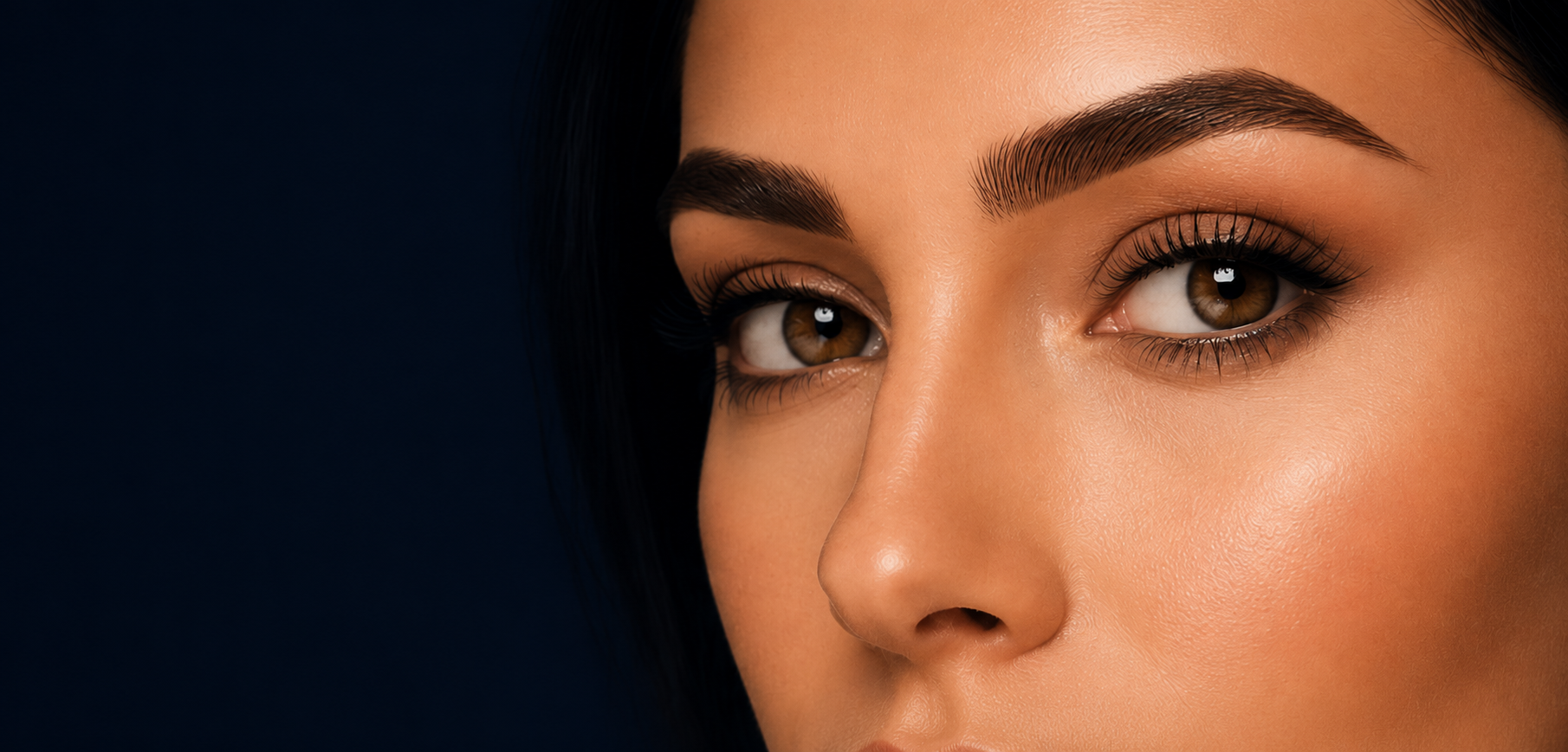 Close-up of a woman with defined ombré brows and lifted lashes against a deep navy background.
