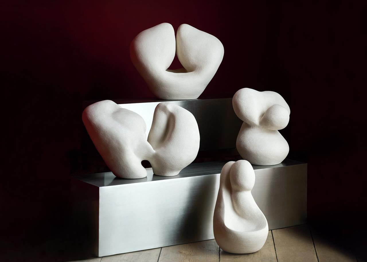 White biomorphic ceramic sculptures from the Creatures series by Margaux Carel