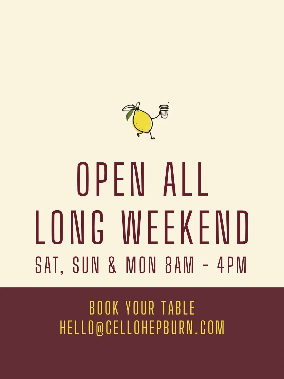 Long weekend plans? We&rsquo;ve got you covered.

Join us at Cello Hepburn all long weekend for great coffee, fresh pastries, and leisurely brunches

✨ Open Saturday, Sunday &amp; Monday
🕗 8am&ndash;4pm
📍 Hepburn Springs

Bookings welcome
hello@cel