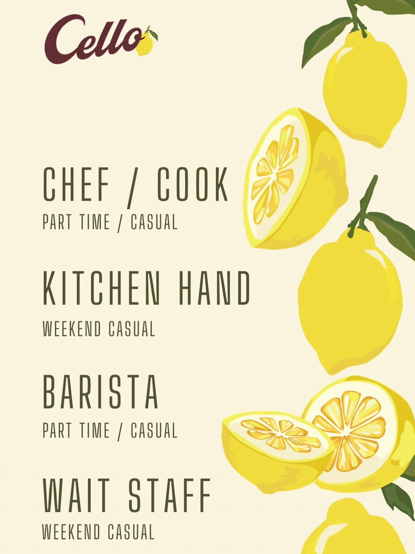 We&rsquo;re building something special in Hepburn Springs 🍋

Cello is looking for warm, reliable and passionate people to join our growing team - from experienced chefs and baristas to friendly floor staff and kitchen hands.

We care about good food